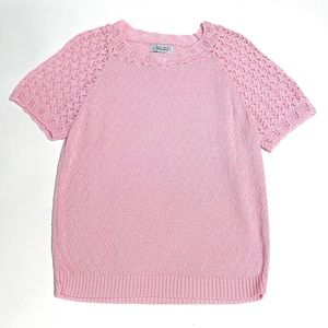 Haband! Pink light weight knit top with crocheted sleeves.  Size M